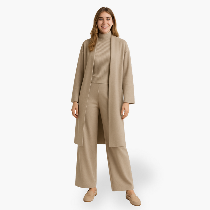 Damen Strick Set 3-teilig mit Mantel aus Feinstrick | Vestea