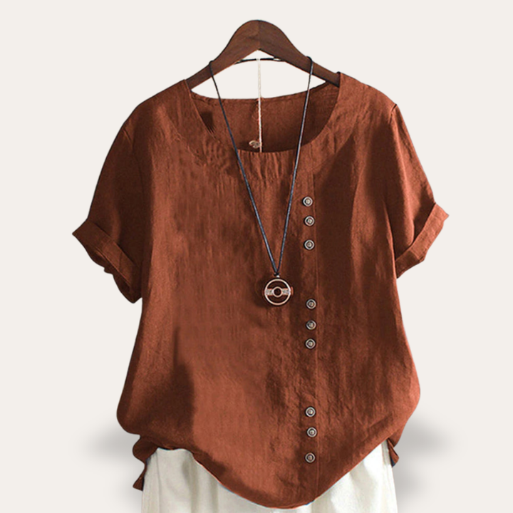Leinen Damen Bluse mit Knopfleiste Kurzarm Asymmetrisch | Vestea