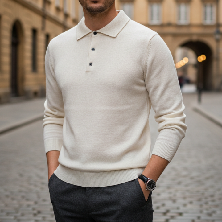 Camiseta de punto para hombre con cuello tipo polo y manga larga