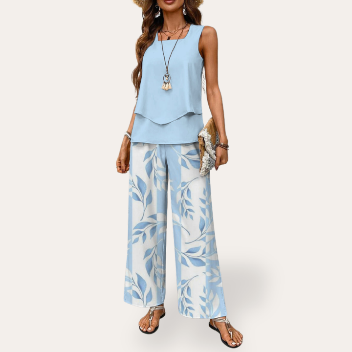 Damen Top mit V-Ausschnitt und weiten Hosen Sommeroutfit | Vestea