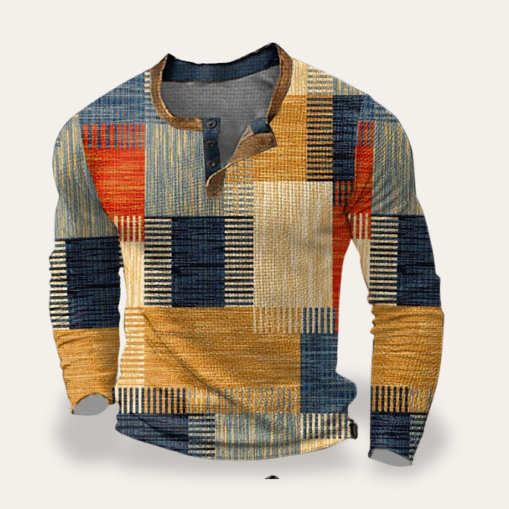 Herren Langarmshirt mit Knopfleiste Patchwork Baumwolle Freizeit | Vestea