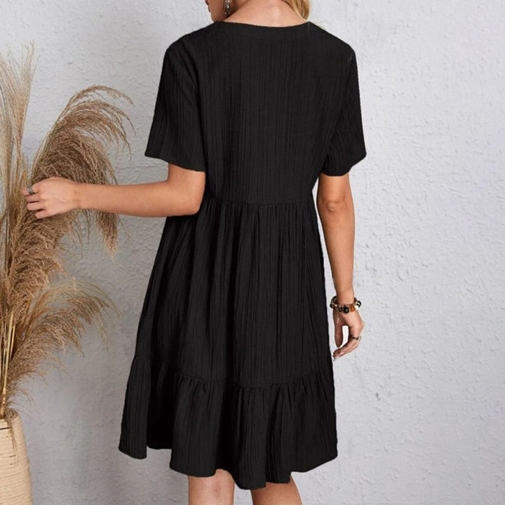 Damen A-Linien Kleid Knielang V-Ausschnitt Kurze Ärmel | Vestea