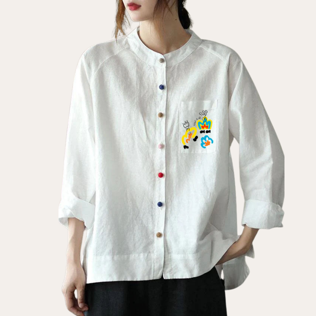 Damen Leinen Bluse mit Muster Langarm Freizeit Hemdkragen Shirt | Vestea