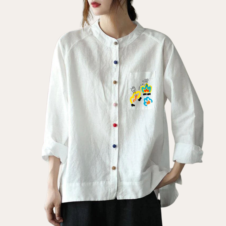 Damen Leinen Bluse mit Muster Langarm Freizeit Hemdkragen Shirt | Vestea