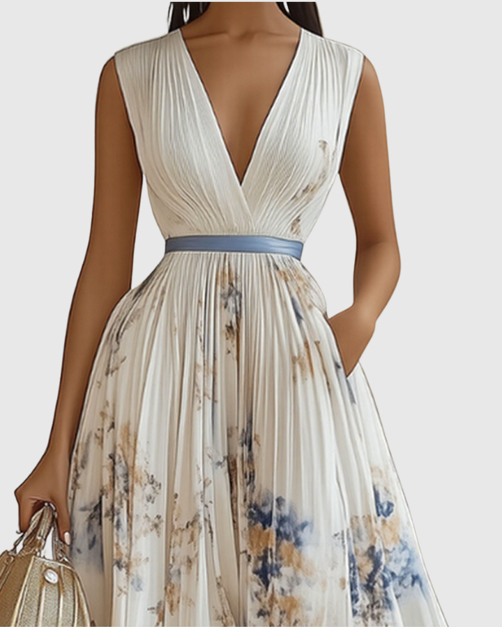 Vestido Maxi para Mujer de Satén Plisado con Escote en V, Manga Larga y Cintura Ajustable