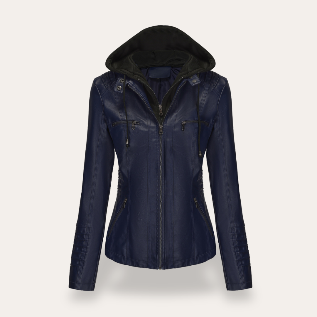 Damen Bikerjacke mit Kapuze Kunstleder Reißverschluss Slim Fit | Vestea