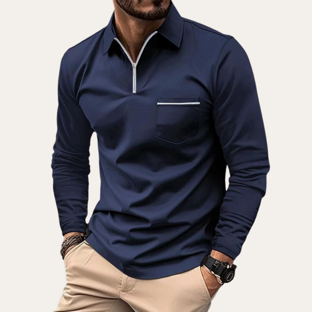 Herren Langarm Poloshirt mit Reißverschluss und Brusttasche | Vestea