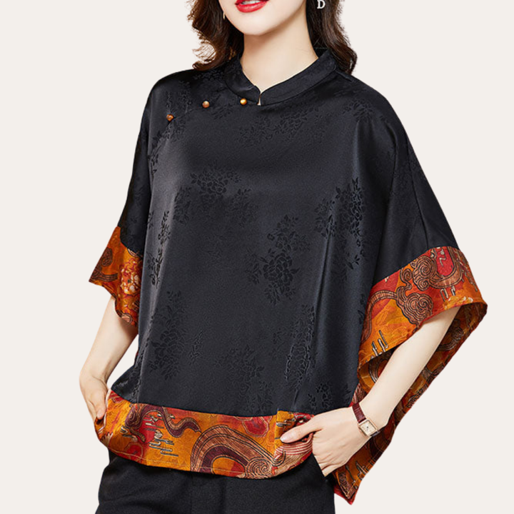 Damen Bluse Kimono Schnitt Muster Stehkragen Kurzarm | Vestea