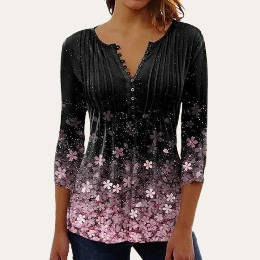 Bluse mit Knopfleiste und Blumenmuster für Damen | Vestea