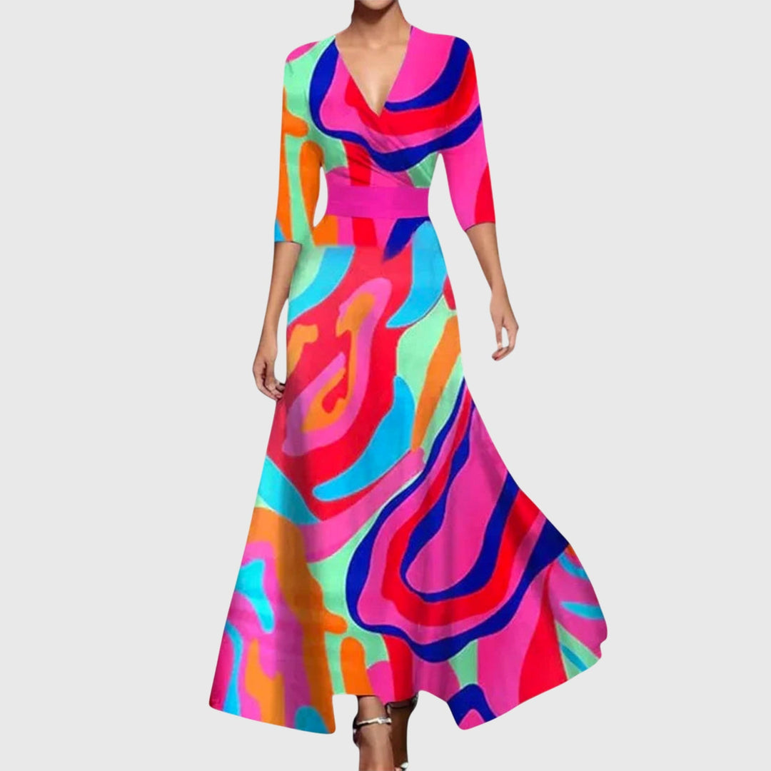 Vestido largo de mujer floral con escote en V, manga 3/4 y corte en A – Formal