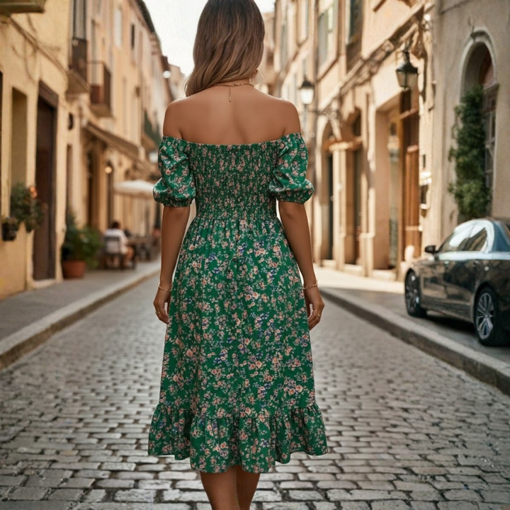 Vestido floral para mujer con escote cuadrado, manga corta y cintura alta