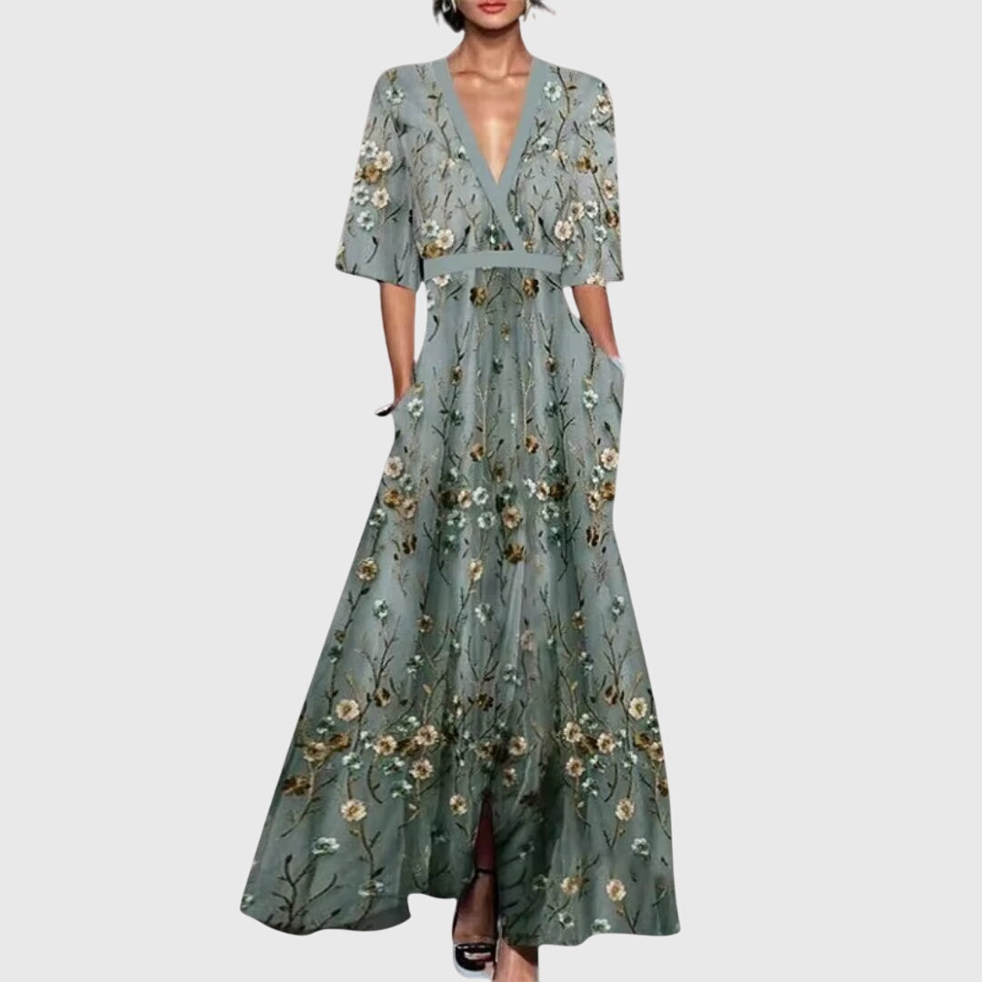 Vestido de satén para mujer con flores, manga larga, escote en V, cinturón y falda acampanada