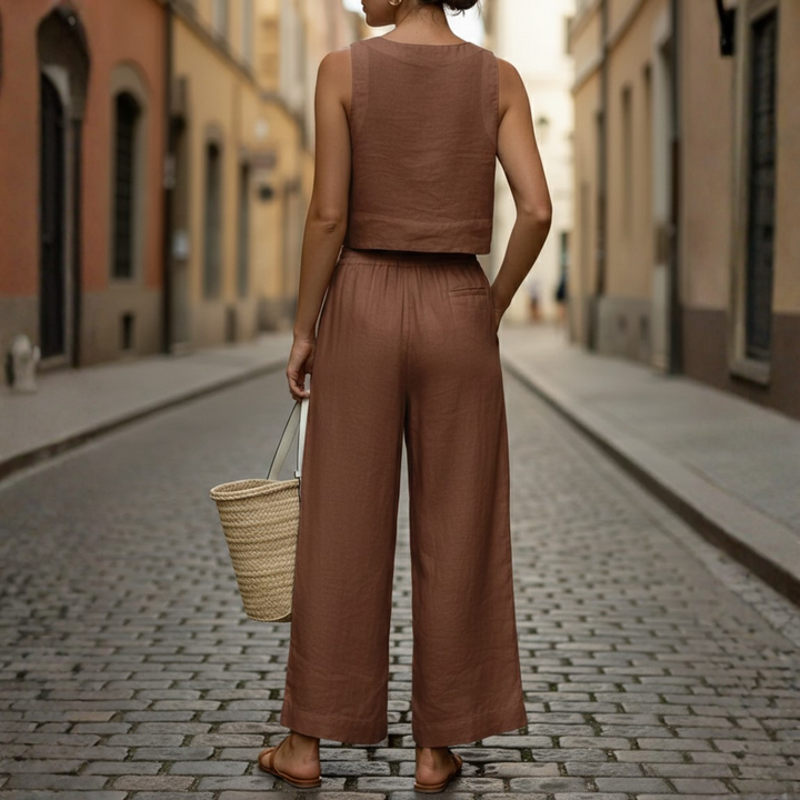 Conjunto de dos piezas: top corto y pantalones de pierna ancha sin mangas para mujer