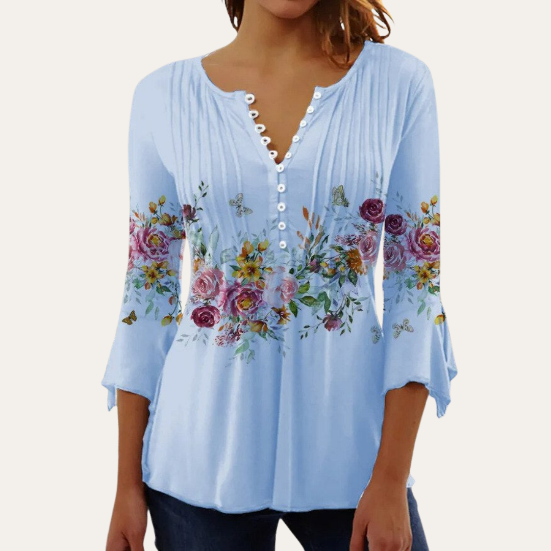 Bluse mit Knopfleiste und Blumenmuster für Damen | Vestea