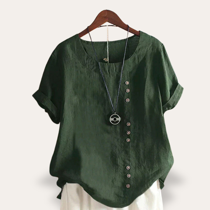 Leinen Damen Bluse mit Knopfleiste Kurzarm Asymmetrisch | Vestea
