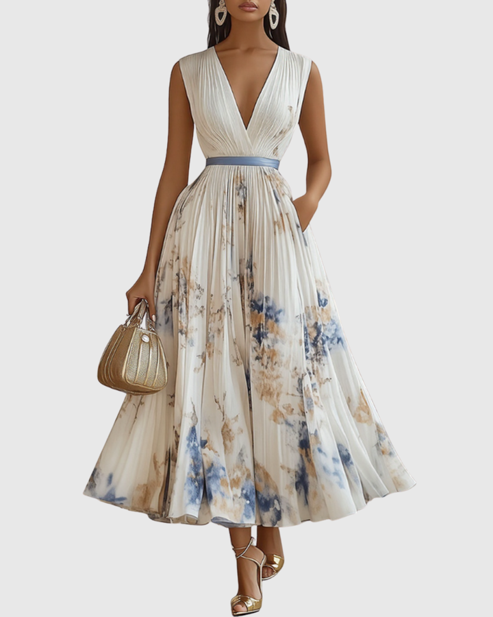 Vestido Maxi para Mujer de Satén Plisado con Escote en V, Manga Larga y Cintura Ajustable