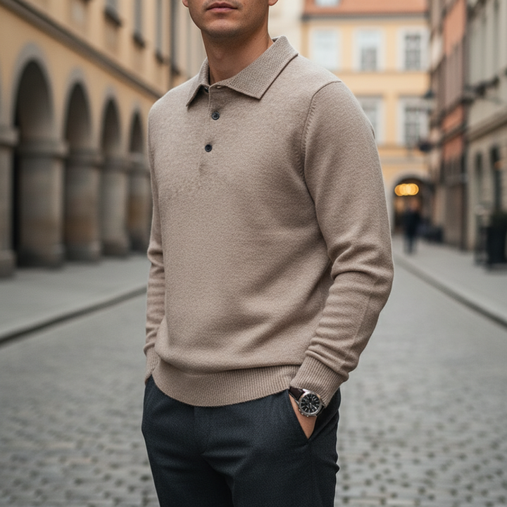 Camiseta de punto para hombre con cuello tipo polo y manga larga