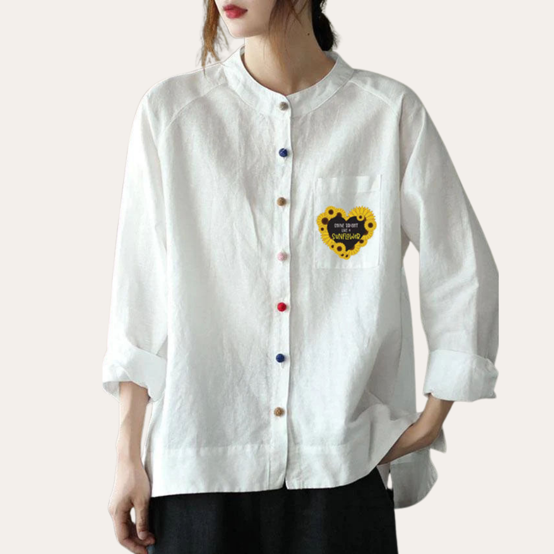 Damen Leinen Bluse mit Muster Langarm Freizeit Hemdkragen Shirt | Vestea