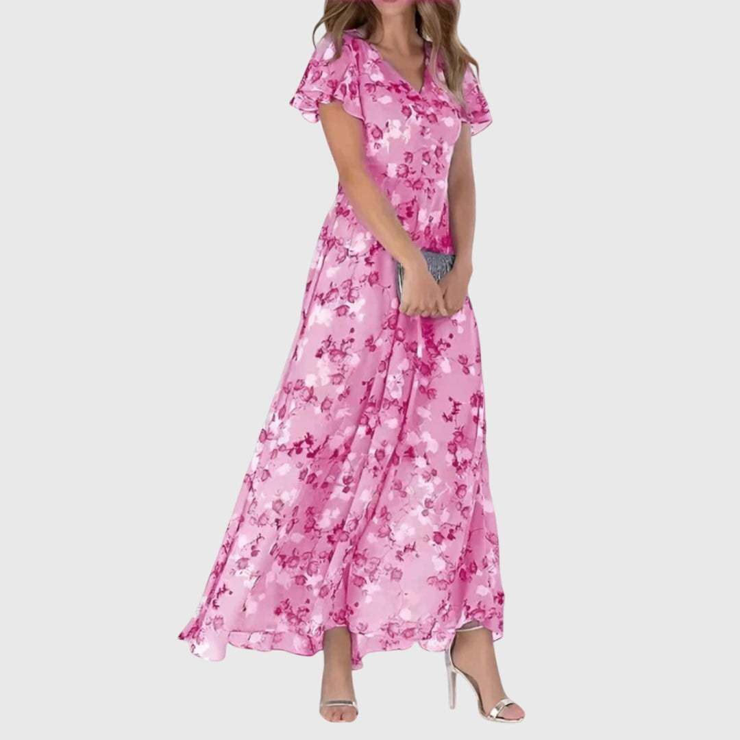 Robe longue femme à fleurs, manches courtes, col en V, fluide