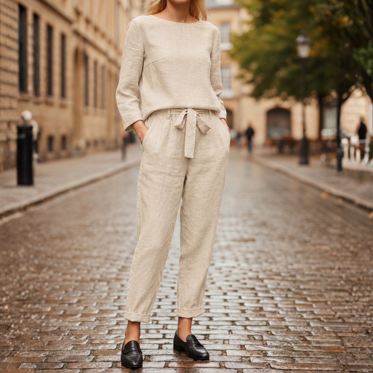 Two Piece Set Long Sleeve Top Tie Waist Tapered Pants Women