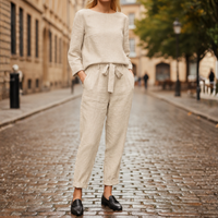Two Piece Set Long Sleeve Top Tie Waist Tapered Pants Women