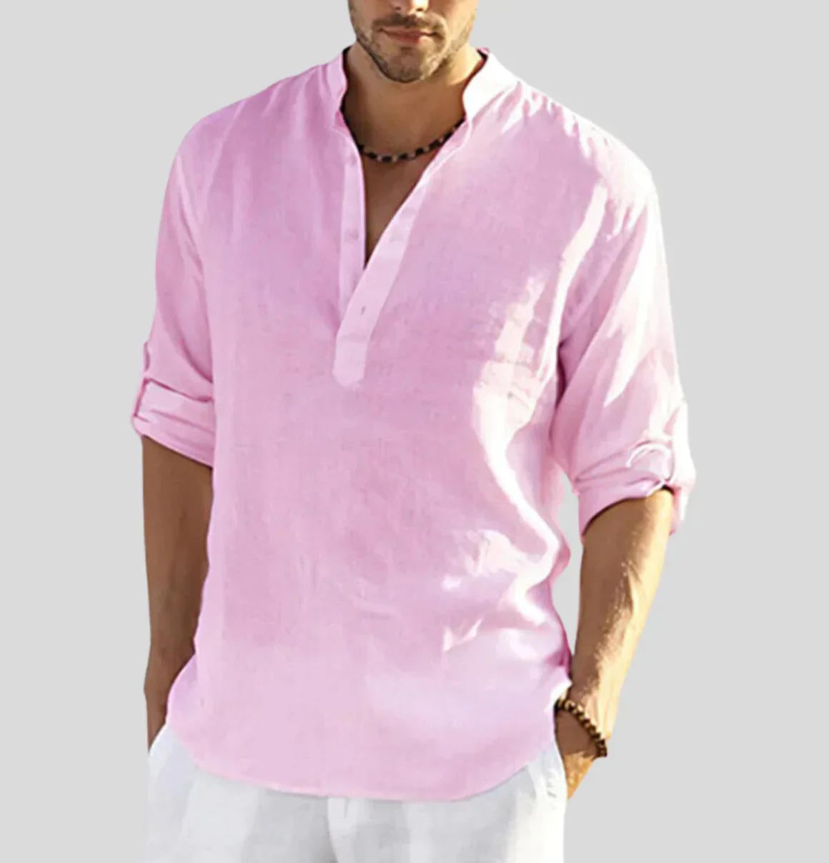 Chemise Henley homme en lin, patte de boutonnage, manches longues avec patte de boutonnage, coupe régulière