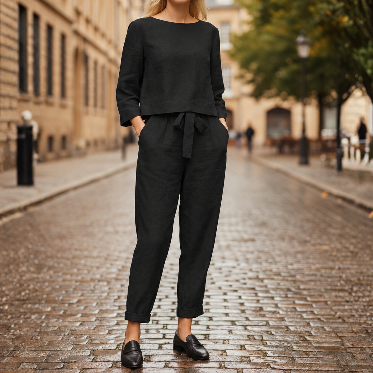 Two Piece Set Long Sleeve Top Tie Waist Tapered Pants Women