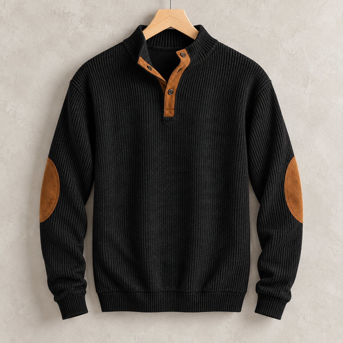 Men's Button Neck Pullover Sweater | Elbow Patches Classic Knit