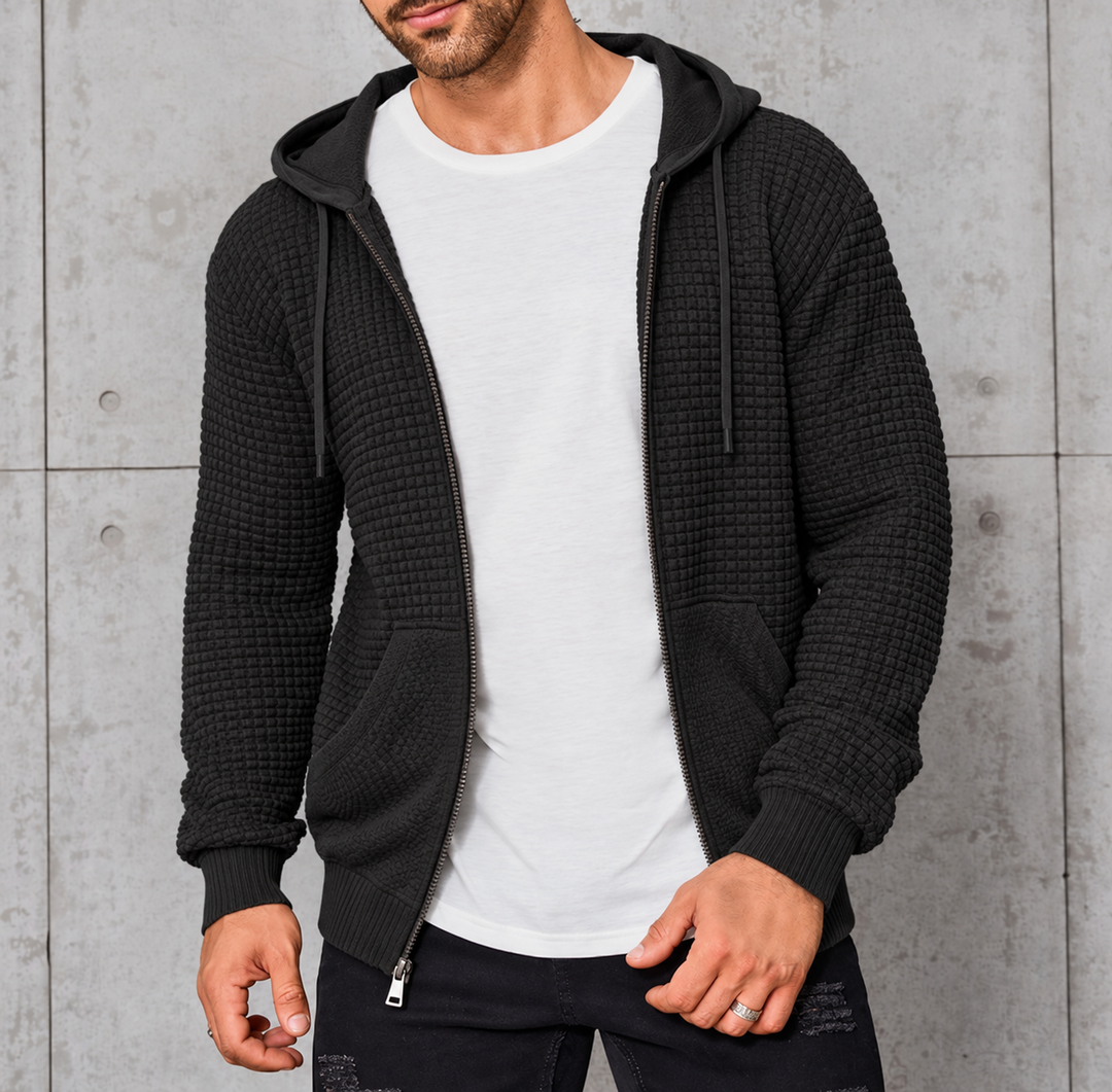 Sudadera de punto masculina con capucha, cremallera y tejido gofrado | Aislante