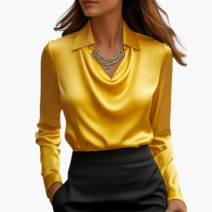 Blusa de mujer satén con cuello drapeado, manga larga, ajuste regular, casual
