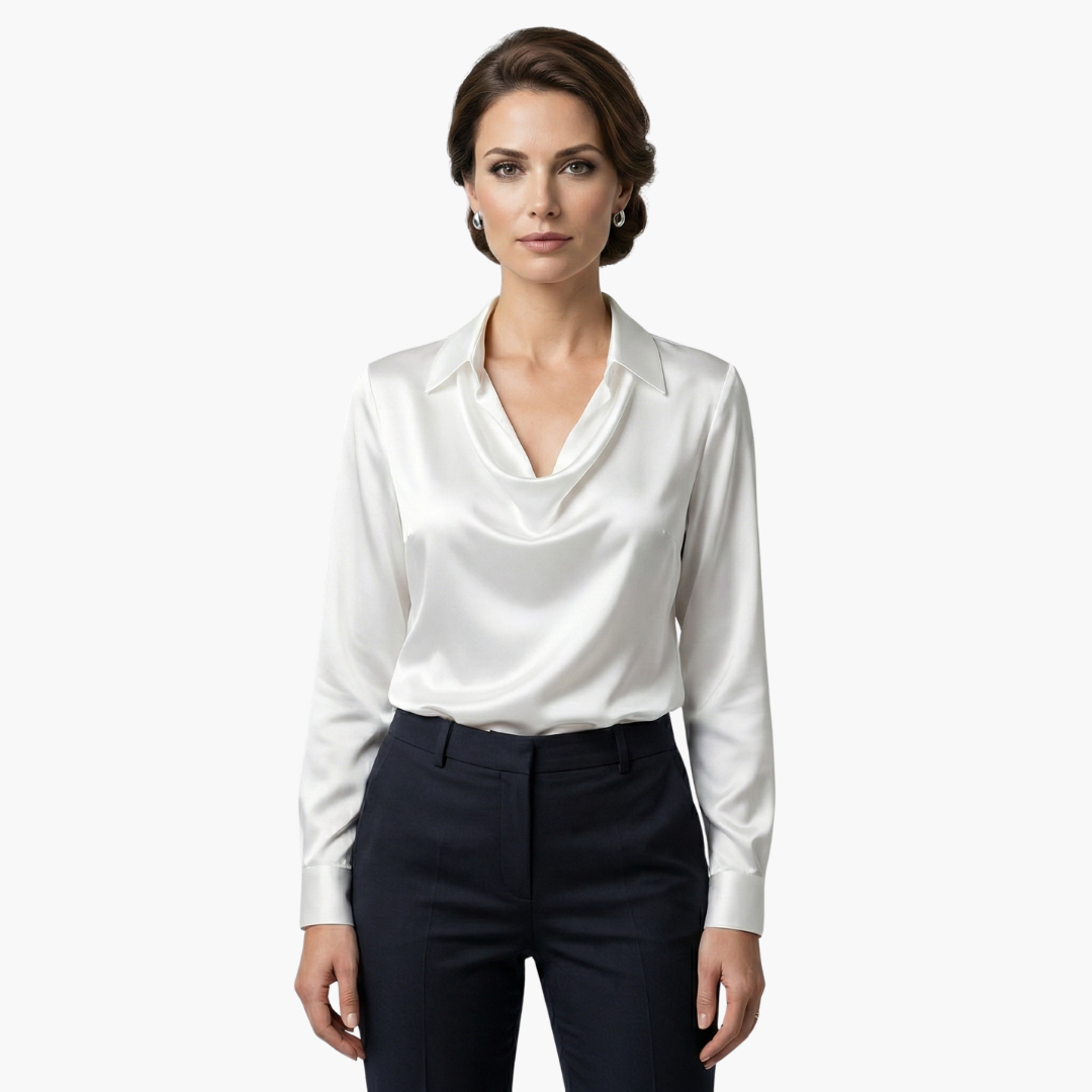 Blusa de mujer satén con cuello drapeado, manga larga, ajuste regular, casual