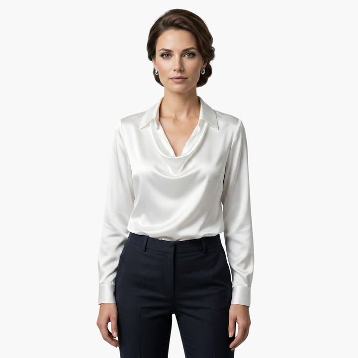 Blusa de mujer satén con cuello drapeado, manga larga, ajuste regular, casual