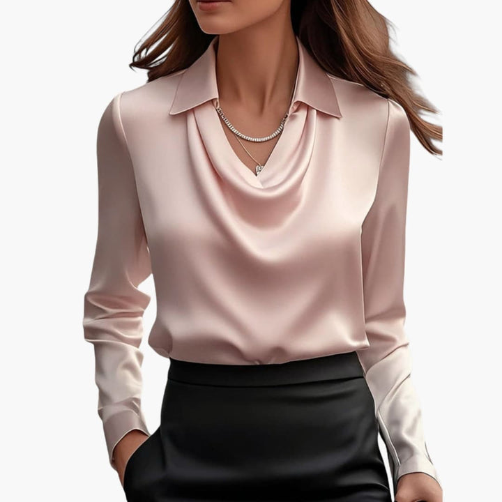 Blusa de mujer satén con cuello drapeado, manga larga, ajuste regular, casual