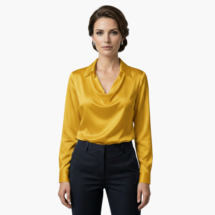 Blusa de mujer satén con cuello drapeado, manga larga, ajuste regular, casual