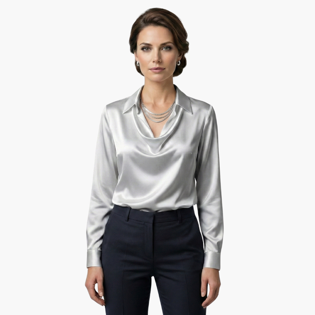 Blusa de mujer satén con cuello drapeado, manga larga, ajuste regular, casual