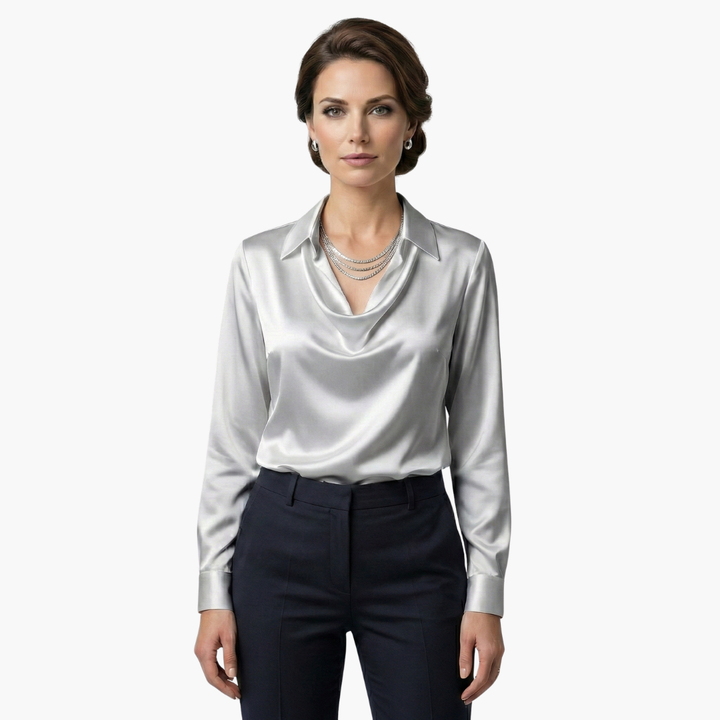 Blusa de mujer satén con cuello drapeado, manga larga, ajuste regular, casual