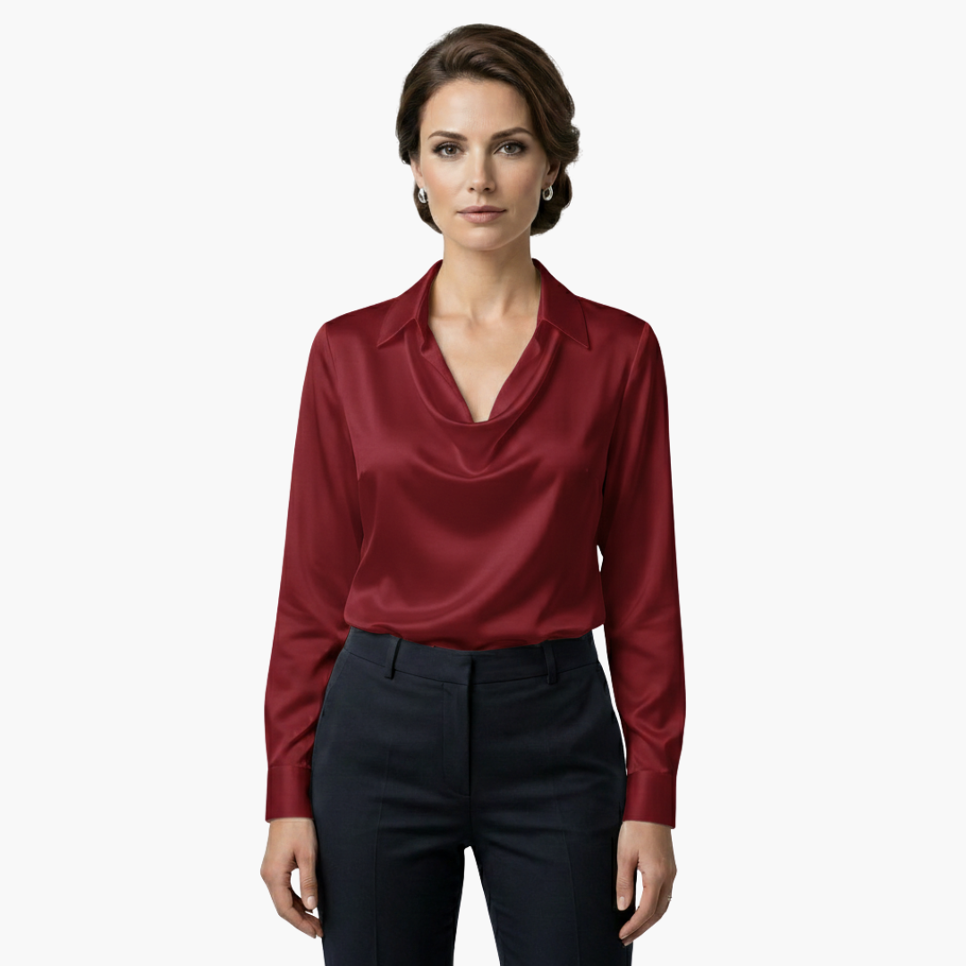 Blusa de mujer satén con cuello drapeado, manga larga, ajuste regular, casual