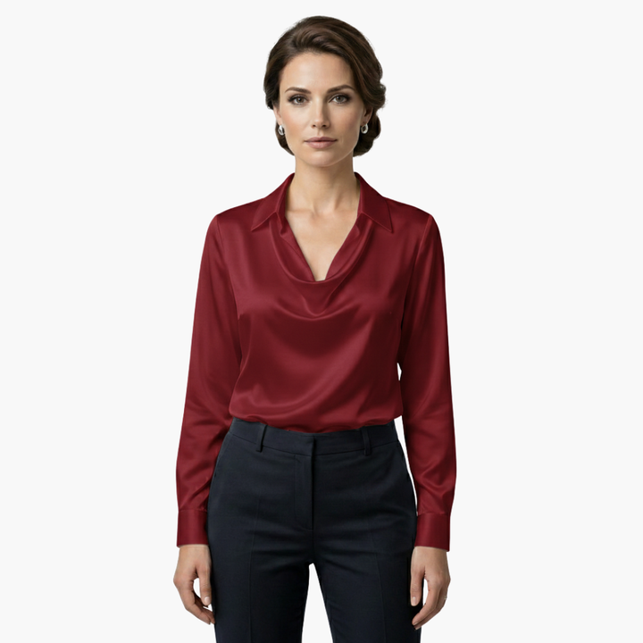 Blusa de mujer satén con cuello drapeado, manga larga, ajuste regular, casual