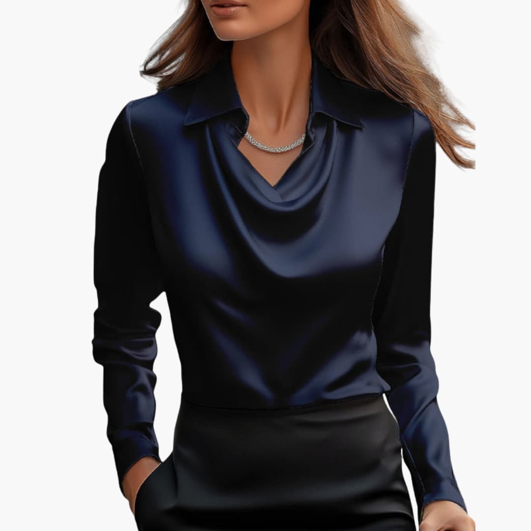 Blusa de mujer satén con cuello drapeado, manga larga, ajuste regular, casual