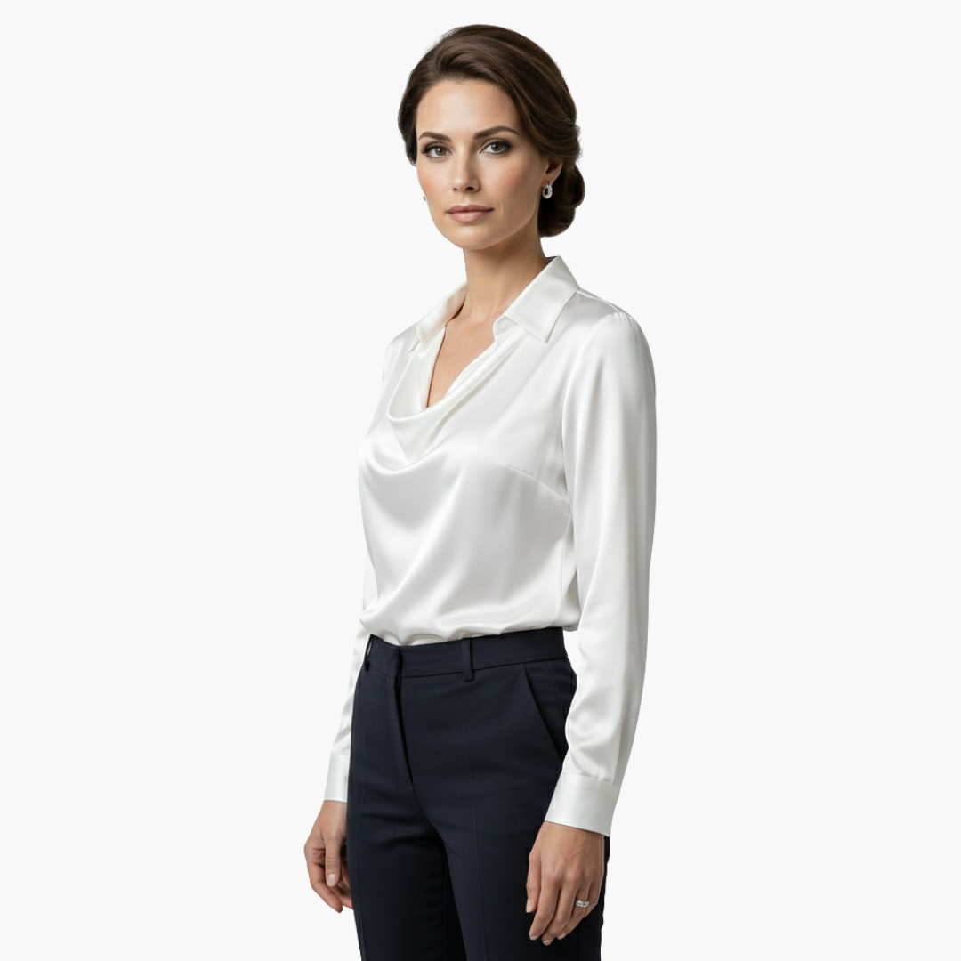 Blusa de mujer satén con cuello drapeado, manga larga, ajuste regular, casual