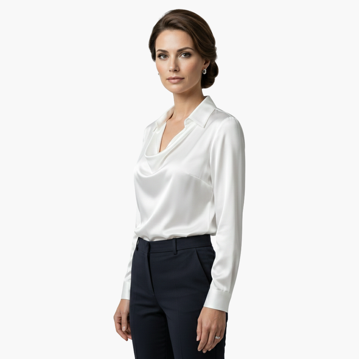 Blusa de mujer satén con cuello drapeado, manga larga, ajuste regular, casual
