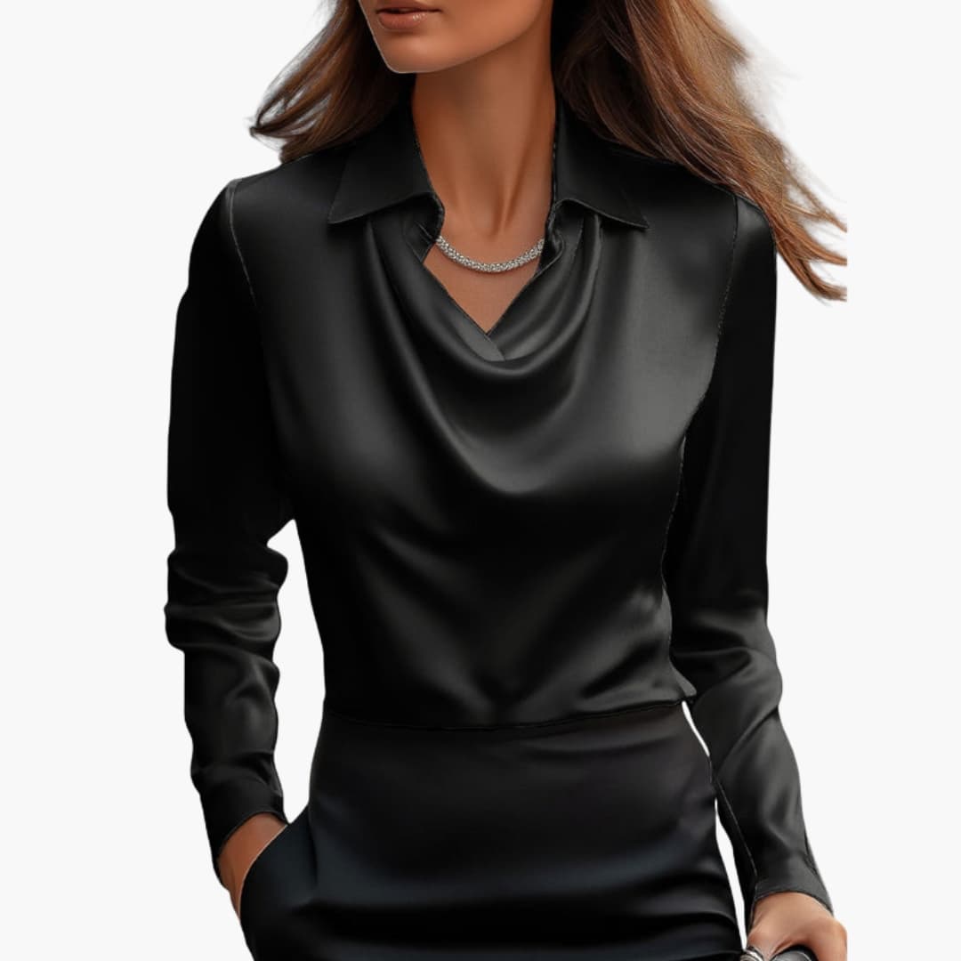 Blusa de mujer satén con cuello drapeado, manga larga, ajuste regular, casual