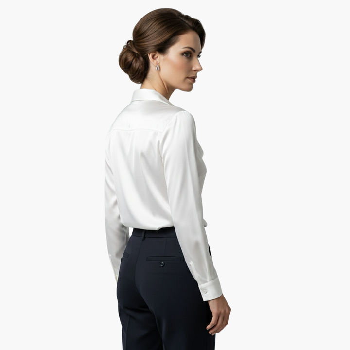 Blusa de mujer satén con cuello drapeado, manga larga, ajuste regular, casual