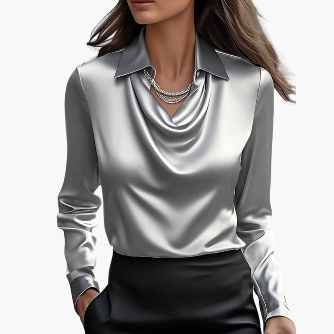 Blusa de mujer satén con cuello drapeado, manga larga, ajuste regular, casual
