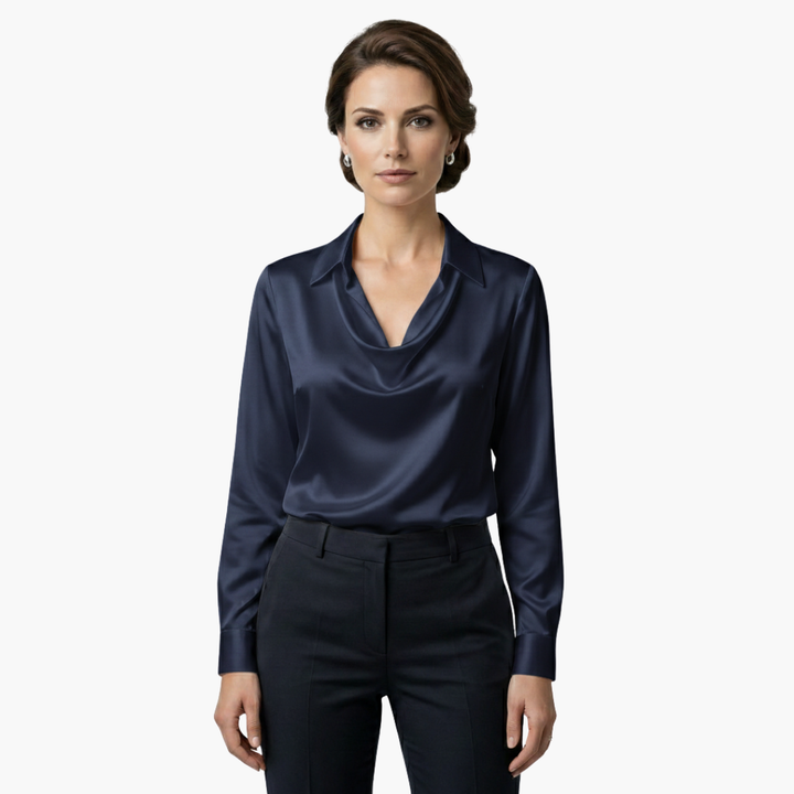 Blusa de mujer satén con cuello drapeado, manga larga, ajuste regular, casual