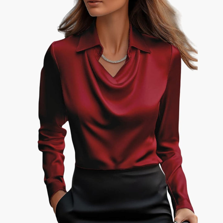 Blusa de mujer satén con cuello drapeado, manga larga, ajuste regular, casual