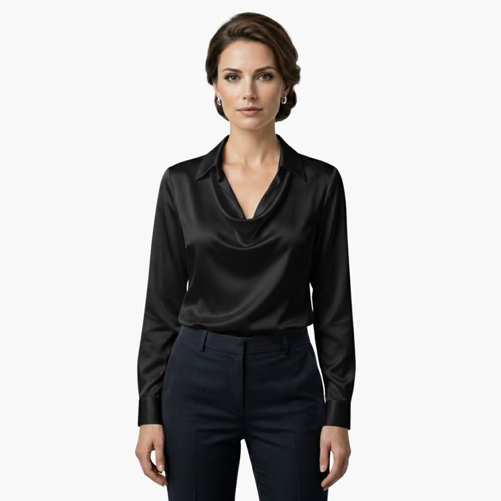 Blusa de mujer satén con cuello drapeado, manga larga, ajuste regular, casual