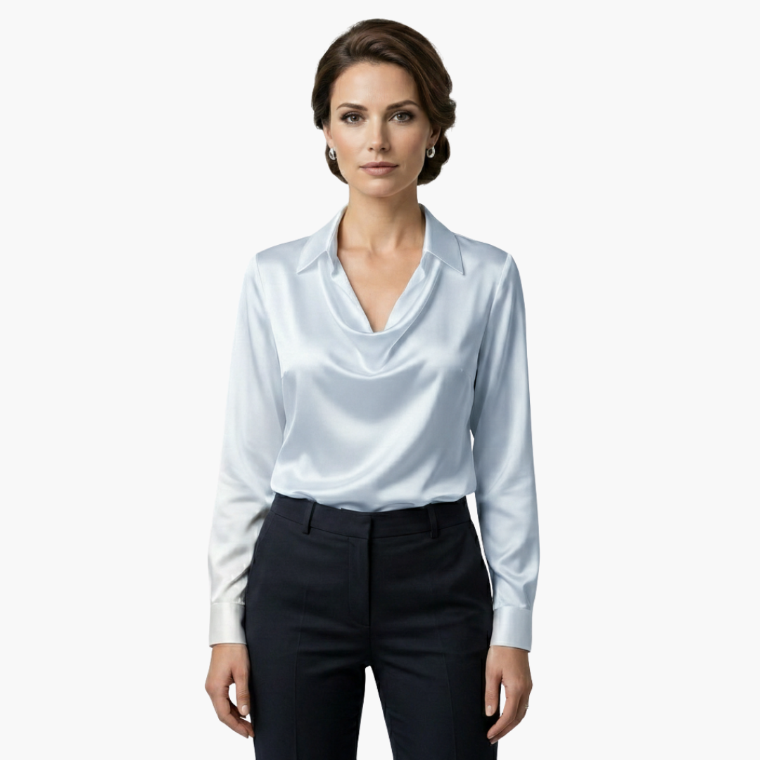 Blusa de mujer satén con cuello drapeado, manga larga, ajuste regular, casual