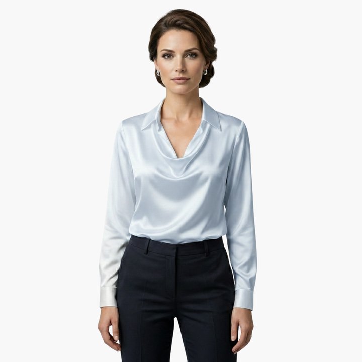 Blusa de mujer satén con cuello drapeado, manga larga, ajuste regular, casual