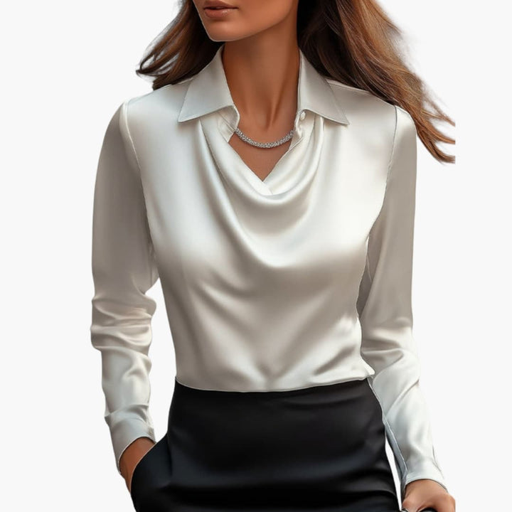 Blusa de mujer satén con cuello drapeado, manga larga, ajuste regular, casual